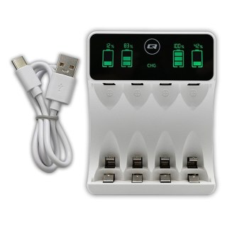 Ładowarka do akumulatorków Ni-MH typu R03 AAA R6 AA | LCD | kabelUSB-C | Biała Qoltec