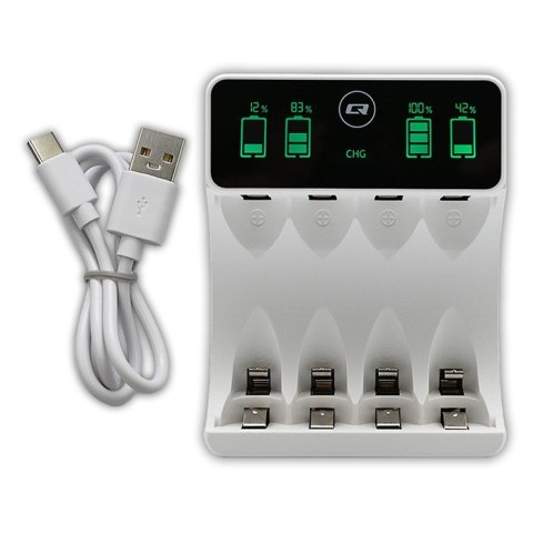Ładowarka do akumulatorków Ni-MH typu R03 AAA R6 AA | LCD | kabelUSB-C | Biała Qoltec