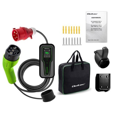 Mobilna ładowarka do samochodu elektrycznego EV z regulacją 2w1 Typ2 | 11kW | 3 Fazy | CEE 5 PIN | LCD | Przenośna | Wallbox |  Qoltec