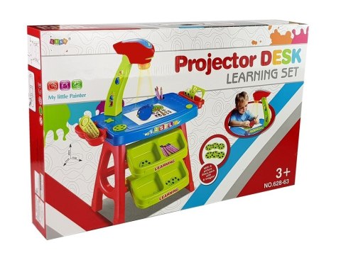 Stolik Edukacyjny Szufladki z Projektorem 36 Obrazków Kredki Szablony Niebiesko Czerwony LEAN Toys