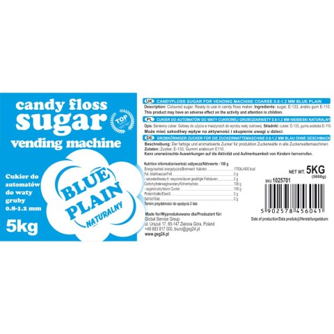 Cukier do automatu do waty cukrowej granulacja 0.8-1.2mm smak naturalny NIEBIESKI 5kg GSG24