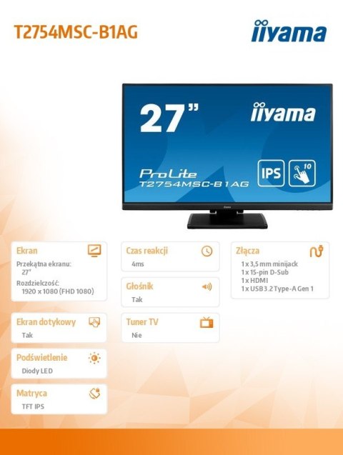 Monitor 27 cali T2754MSC-B1AG pojemnościowy 10PKT IPS powłoka AG IIYAMA