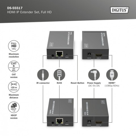 Przedłużacz/Extender HDMI 1080p 60Hz 120m po skrętce Cat.6/6A/7/8 HDCP 1.3 IR, zestaw Digitus