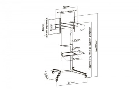 Stojak mobilny pojedynczy z półką 1xLCD max. 70" max. 50kg, VESA max. 600x400 Digitus