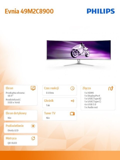 Monitor Evnia 49M2C8900 49 cali Curved QD OLED 240Hz HDMI DP USB-C HAS HDR Ambiglow Philips