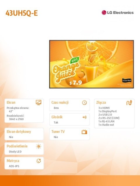 Monitor wielkoformatowy 43 cale 43UH5Q-E 500cd/m2 UHD 24/7 LG Electronics