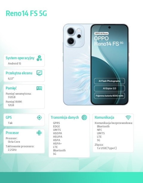 Smartfon Reno14 FS 5G 12/ 512GB Niebieski CPH2743 Oppo