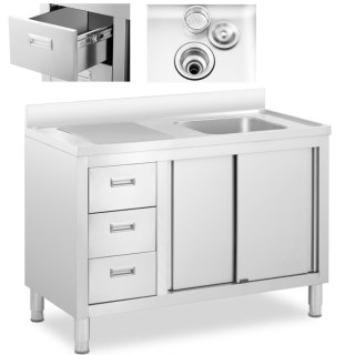 Zlew basen gastronomiczny jednokomorowy z szafką z drzwiami przesuwnymi szufladami stalowy 120 x 60 x 94 cm Royal Catering
