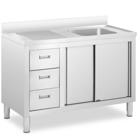 Zlew basen gastronomiczny jednokomorowy z szafką z drzwiami przesuwnymi szufladami stalowy 120 x 60 x 94 cm Royal Catering