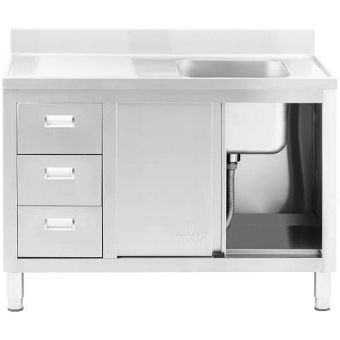 Zlew basen gastronomiczny jednokomorowy z szafką z drzwiami przesuwnymi szufladami stalowy 120 x 60 x 94 cm Royal Catering