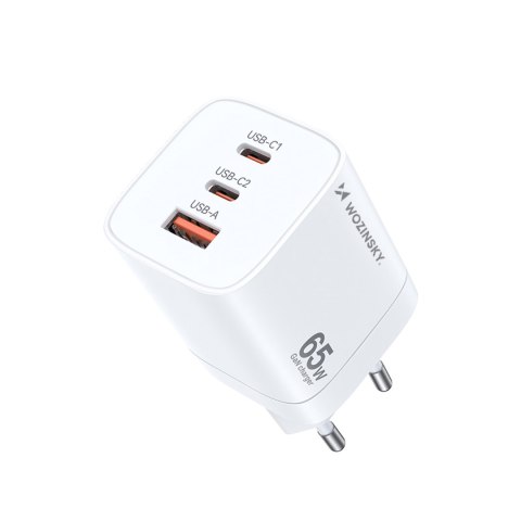 Ładowarka sieciowa GaN 65W 100-240V USB-A 2x USB-C biała WOZINSKY