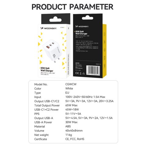 Ładowarka sieciowa GaN 65W 100-240V USB-A 2x USB-C biała WOZINSKY