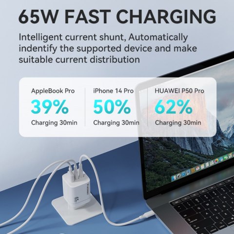 Ładowarka sieciowa GaN 65W 100-240V USB-A 2x USB-C biała WOZINSKY