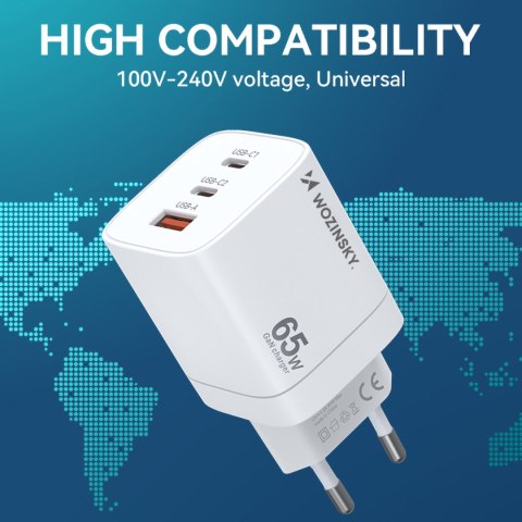 Ładowarka sieciowa GaN 65W 100-240V USB-A 2x USB-C biała WOZINSKY