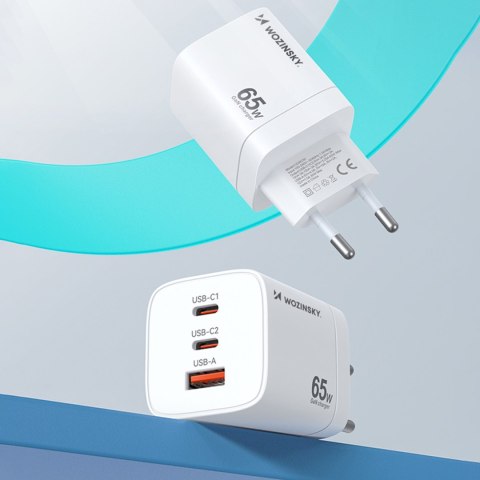 Ładowarka sieciowa GaN 65W 100-240V USB-A 2x USB-C biała WOZINSKY