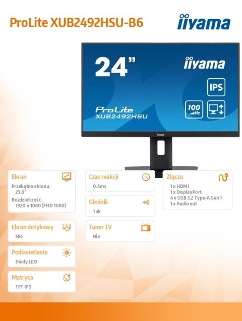 Monitor 23.8 cala XUB2492HSU-B6 IPS,HDMI,DP,100Hz,PIVOT,USB,HAS/150mm IIYAMA