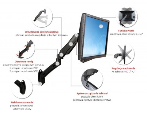 Uchwyt ścienny na sprężynie gazowej do 1 monitora LED/LCD 13-27 cali L-12GW ART