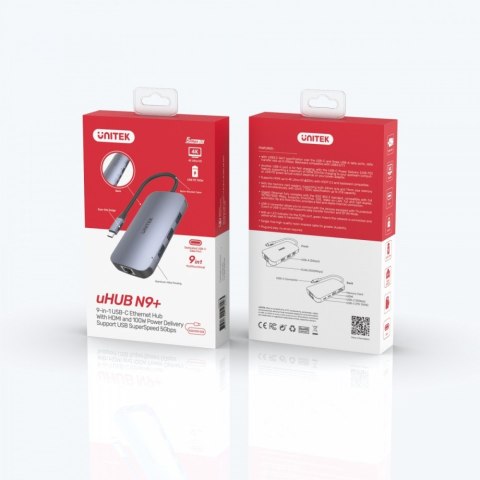 HUB USB-C 9w1, USB-C, HDMI 2.0, RJ45, PD 100W, czytnik SD; D1071A Unitek