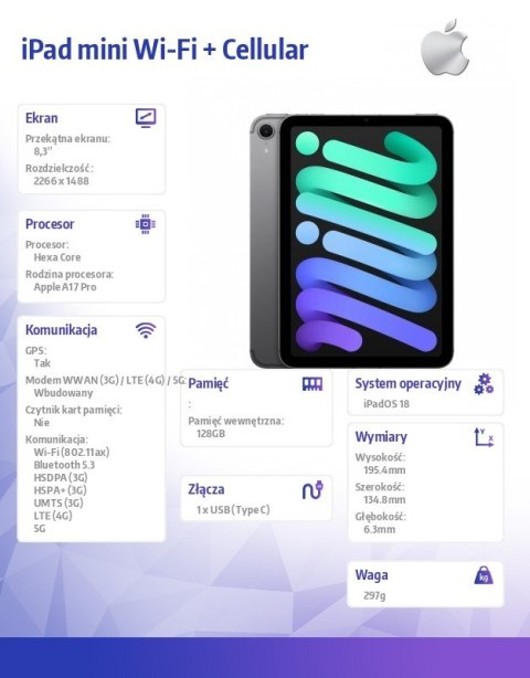 IPad mini Wi-Fi + Cellular 128GB Gwiezdna szarość Apple