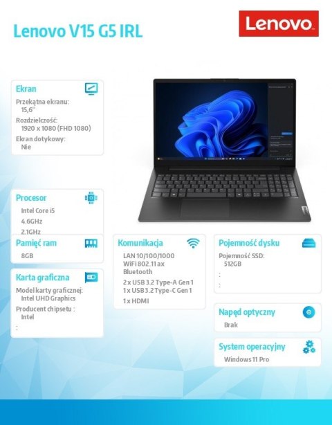 Notebook V15 G5 83GW009BPB W11Pro i5-13420H/8GB/512GB/INT/15.6 FHD/Business Black/3YRS OS Lenovo