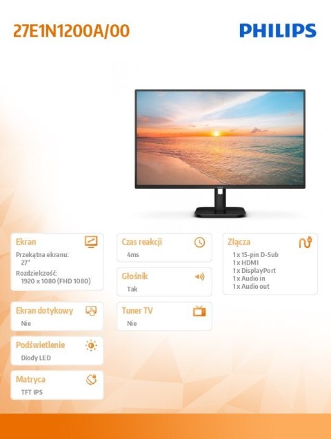 Monitor 27E1N1200A 27 cali IPS 120Hz HDMI DP VGA Głośniki Philips