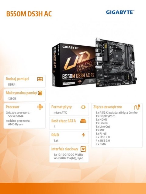 Płyta główna B550M DS3H AC R2 AM4 4DDR4 HDMI/DVI mATX Gigabyte