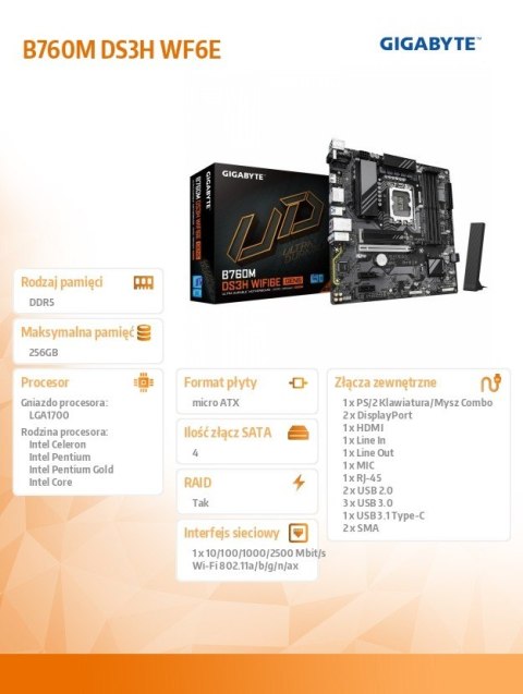 Płyta główna B760M DS3H WF6E GEN5 s1 700 4DDR5 HDMI/DP mATX Gigabyte