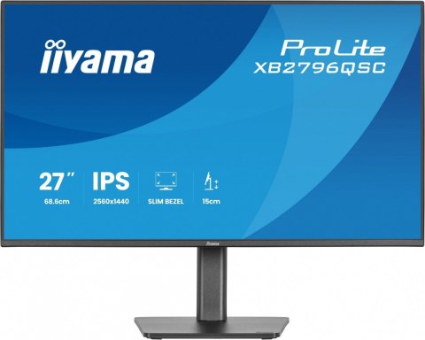 Monitor ProLite 27 cali XB2796QSC-B1 IPS,QHD,HDMI,USB-C (PD 65W),75Hz, 350cd, 1xUSB 3.2 , 1xUSB-C, 2x2W, HAS 150/PIVOT/obrót sto IIYAMA
