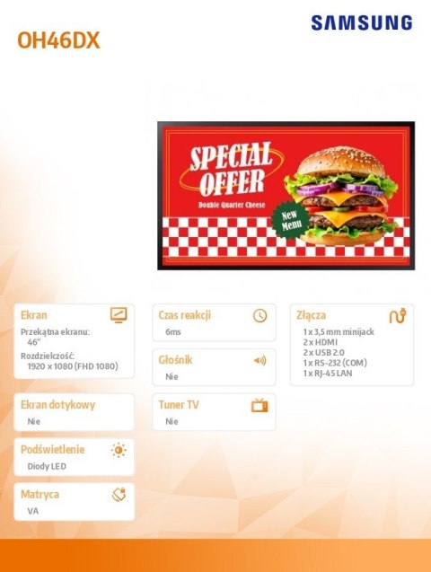 Monitor profesjonalny 46 cali 1920x1080 VA Tizen 8.0 WiFi/BT OH46DX LH46OHDEBGBXEN Samsung