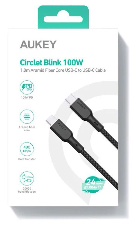 CB-KCC102 kabel USB-C - USB-C 1.8m 100W PD 5A 20V kevlar + nylonowy oplot AUKEY