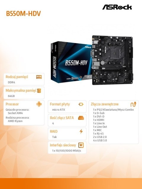Płyta główna B550M-HDV AM4 2DDR4 HDMI/DVI/D-SUB M.2 mATX ASRock