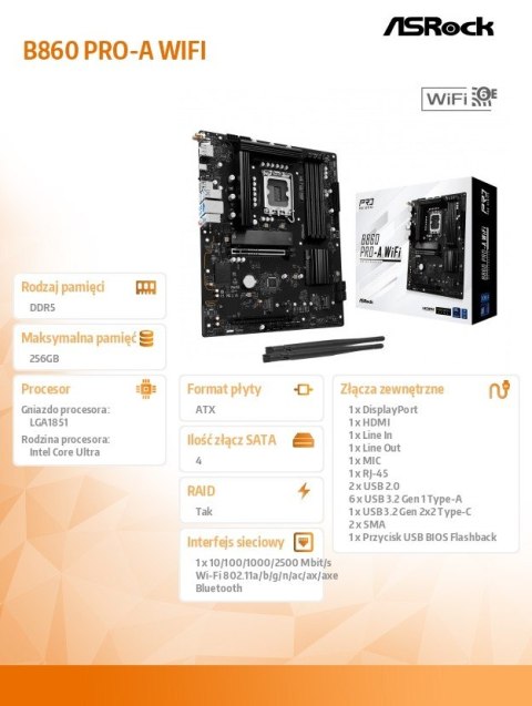 Płyta główna B860 PRO-A WIFI s1851 4DDR5 ATX ASRock