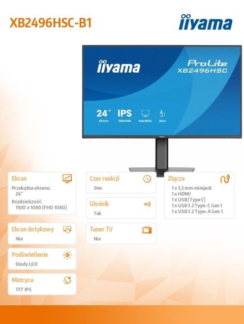 Monitor 24 cale XB2496HSC-B1 IPS, FHD, HDMI, USB-C (PD 65W), 144Hz IIYAMA