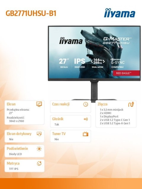 Monitor 27 cali GB2771UHSU-B1 4K 144Hz FHD 288Hz, 450cd, 2x2W, HAS 150, PIVOT IIYAMA