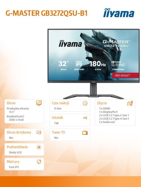 Monitor G-MASTER GB3261UHSCP-B1 4K,VA,144Hz,400cd, 3000:1,2xHDMI,DP, USB-C, 4xUSB, KVM, FreeSync Premium, DisplayPort Only, 2x IIYAMA
