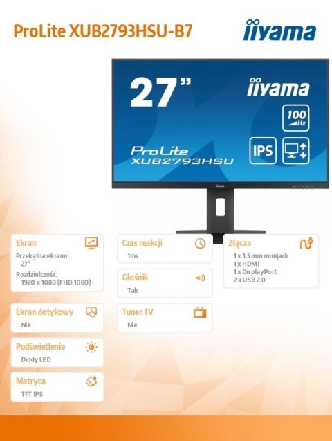 Monitor 27 cali XUB2793HSU-B7,IPS.HDMI.DP.2x2W.USBx2,300cd IIYAMA