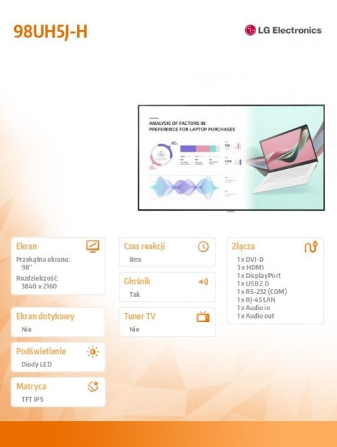 Monitor wielkoformatowy 98UH5J-H UHD 98 cali IPS 500cd/m2 24/7 LG Electronics