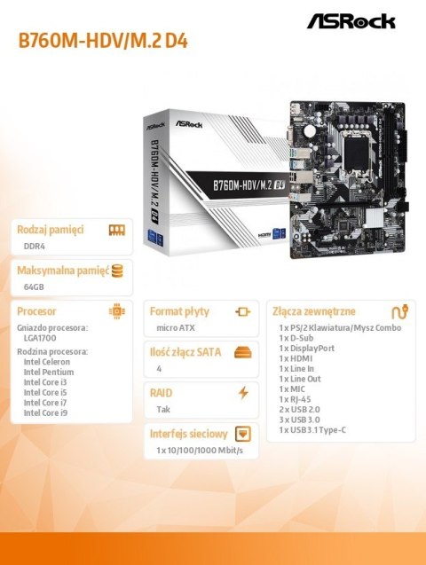 Płyta główna B760M-HDV/M.2 D4 s1700 2DDR4 DP/HDMI mATX ASRock