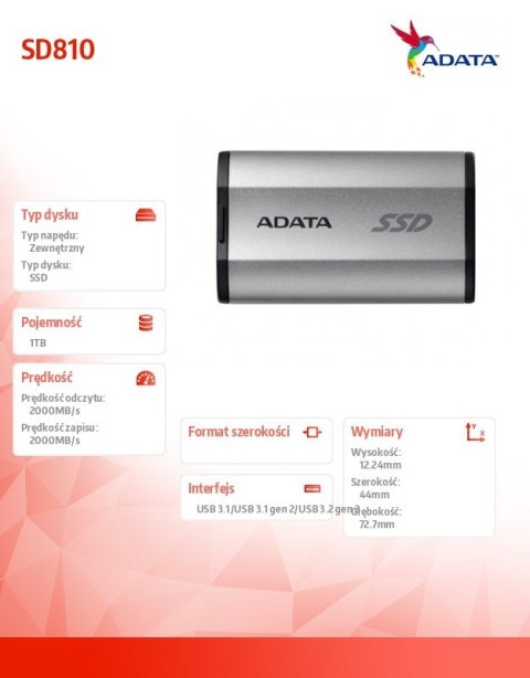 Dysk SSD External SD810 1TB USB3.2C 20Gb/s srebrny Adata