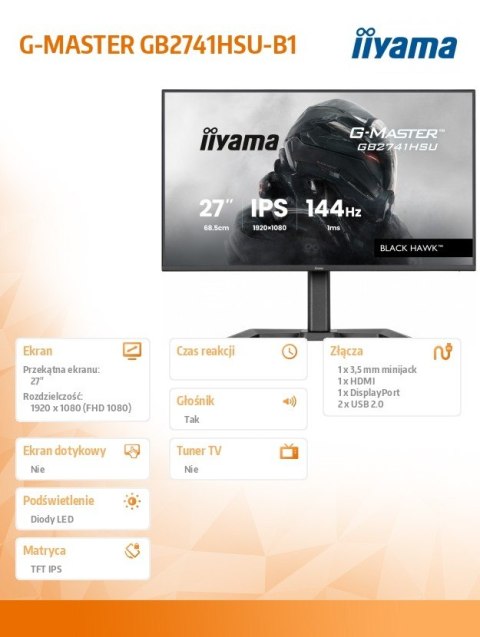 Monitor 27 cali GB2741HSU-B1 IPS,FHD,144Hz,1ms,2xUSB,350cd,HDMI,DP, HAS (150) PIVOT IIYAMA