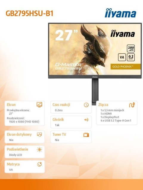Monitor 27 cali GB2795HSU-B1 0.2ms, VA, DP, HDMI, 280Hz IIYAMA