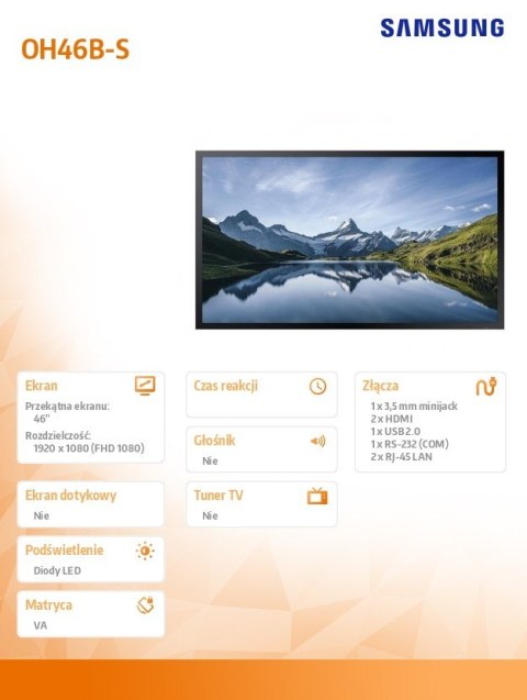 Monitor profesjonalny OH46B-S 46 cali Błyszczący 24h/7 3500(cd/m2) 3840x2160 (UHD) S7 Player (Tizen 6.5) 3 lata On-Site (LH46OHB Samsung