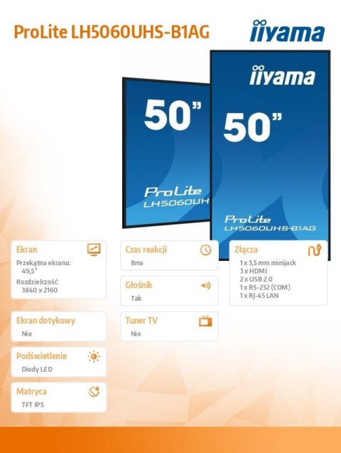 Monitor wielkoformatowy 49.5 cala LH5060UHS-B1AG matowy 24h/7 500(cd/m2) VA 3840 x 2160 UHD(4K) Android.11 Wifi CMS(iiSignage2) IIYAMA