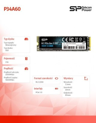 Dysk SSD P34A60 1TB PCIE M.2 NVMe 2200/1600 MB/s Silicon Power