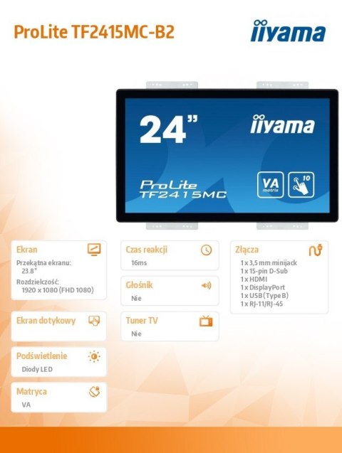 Monitor 24 TF2415MC-B2 pojemnościowy 10PKT, pianka, HDMI, DP IIYAMA