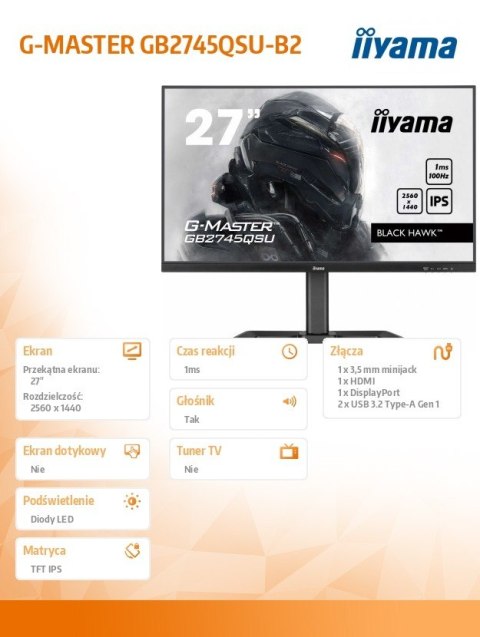 Monitor 27 cali GB2745QSU-B2,IPS,QHD,100Hz,1ms,2xUSB,300cd IIYAMA