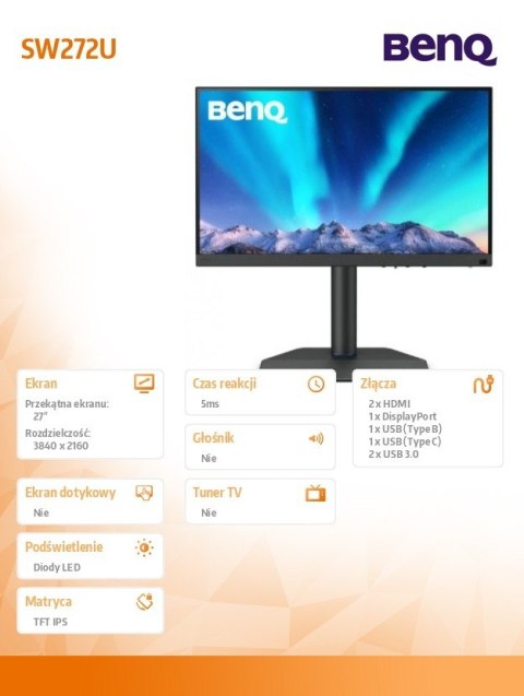 Monitor 27 cali SW272U 4K LED 5ms/QHD/IPS/HDMI Benq
