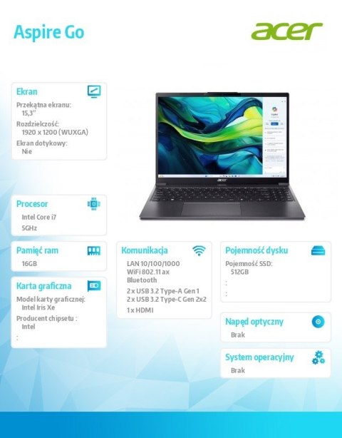 Laptop Aspire Go 15 AG15-51P-78K5 i7-1355U 15.3 WUXGA 16GB 512GB NoOS Szary Acer