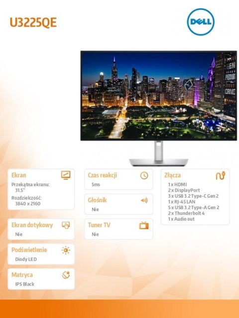 Monitor U3225QE 31,5 cala IPS Black LED 4K(3840x2160)/16:9/Thunderbolt/HDMI/DP/USB-C/USB/RJ-45/3Y Dell