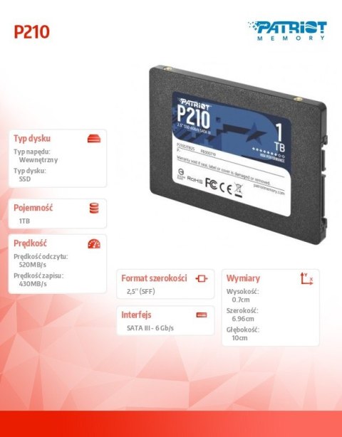 Dysk SSD 1TB P210 520/430 MB /s SATA III 2.5 Patriot